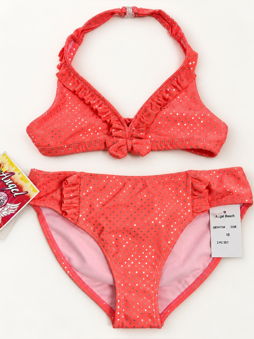 Angel Beach Girls Size 10 Coral Silver Dot 2-Piece Swimsuit NWT